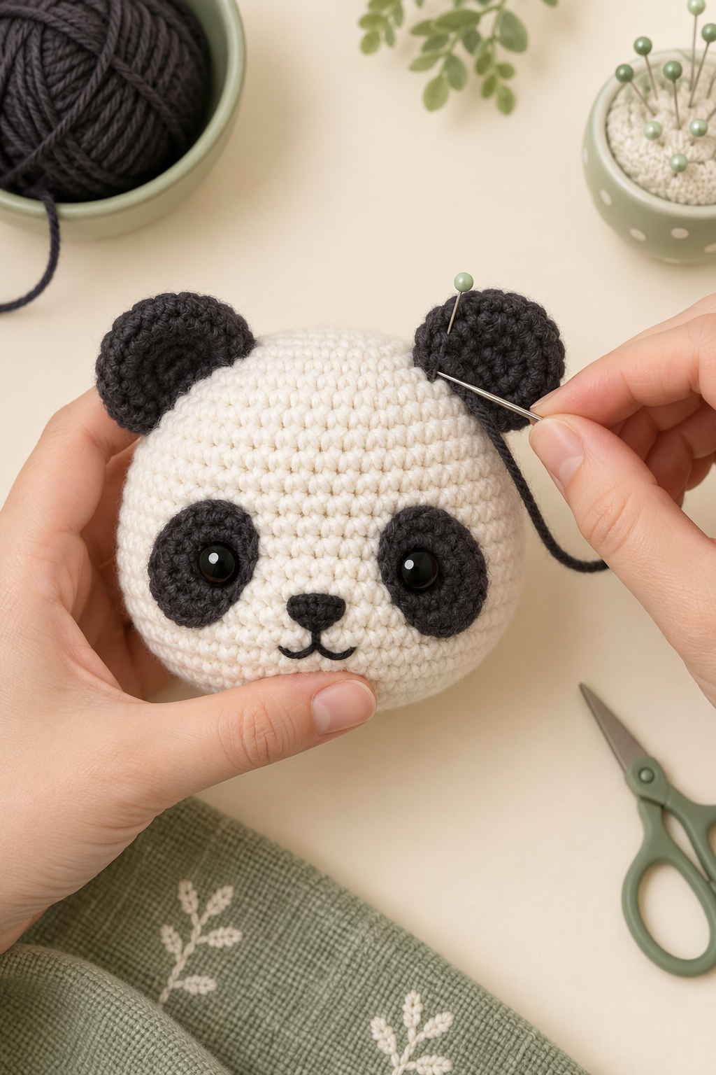 Sewing a round crochet ear to the top of an amigurumi panda head