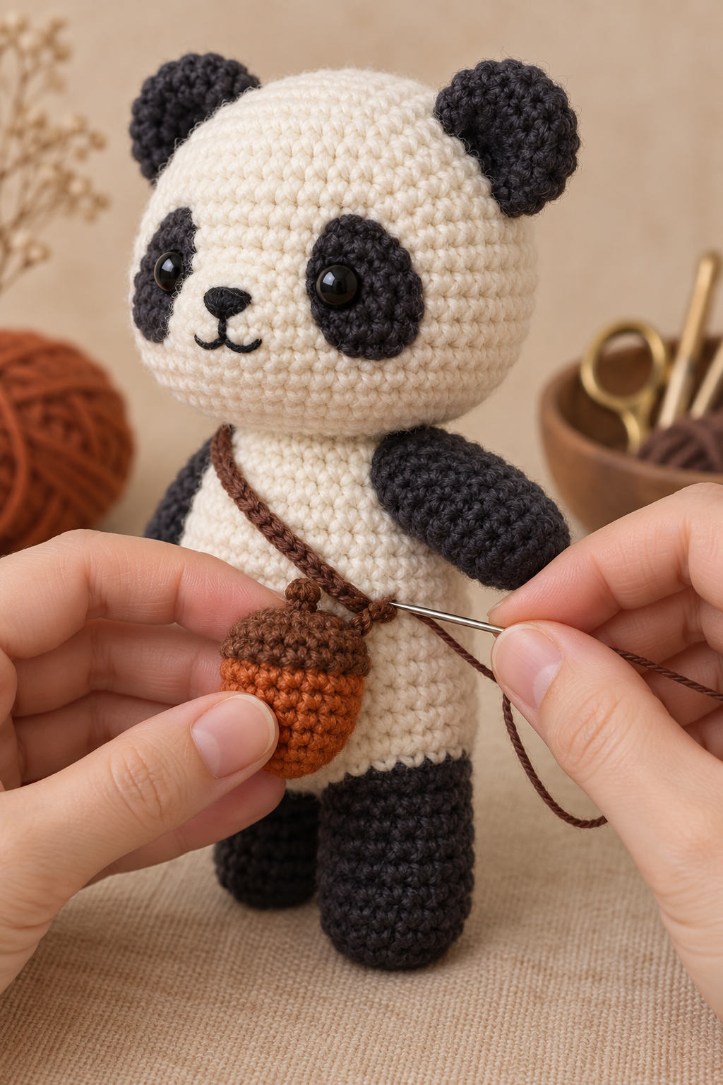 Sewing a small crochet acorn pouch and crossbody strap onto an autumn panda