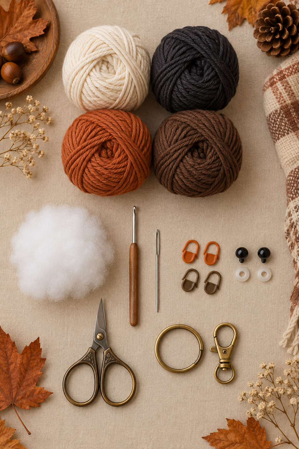Cotton yarn, hook, stuffing, safety eyes, stitch markers, keyring, and clasp for the autumn panda keychain