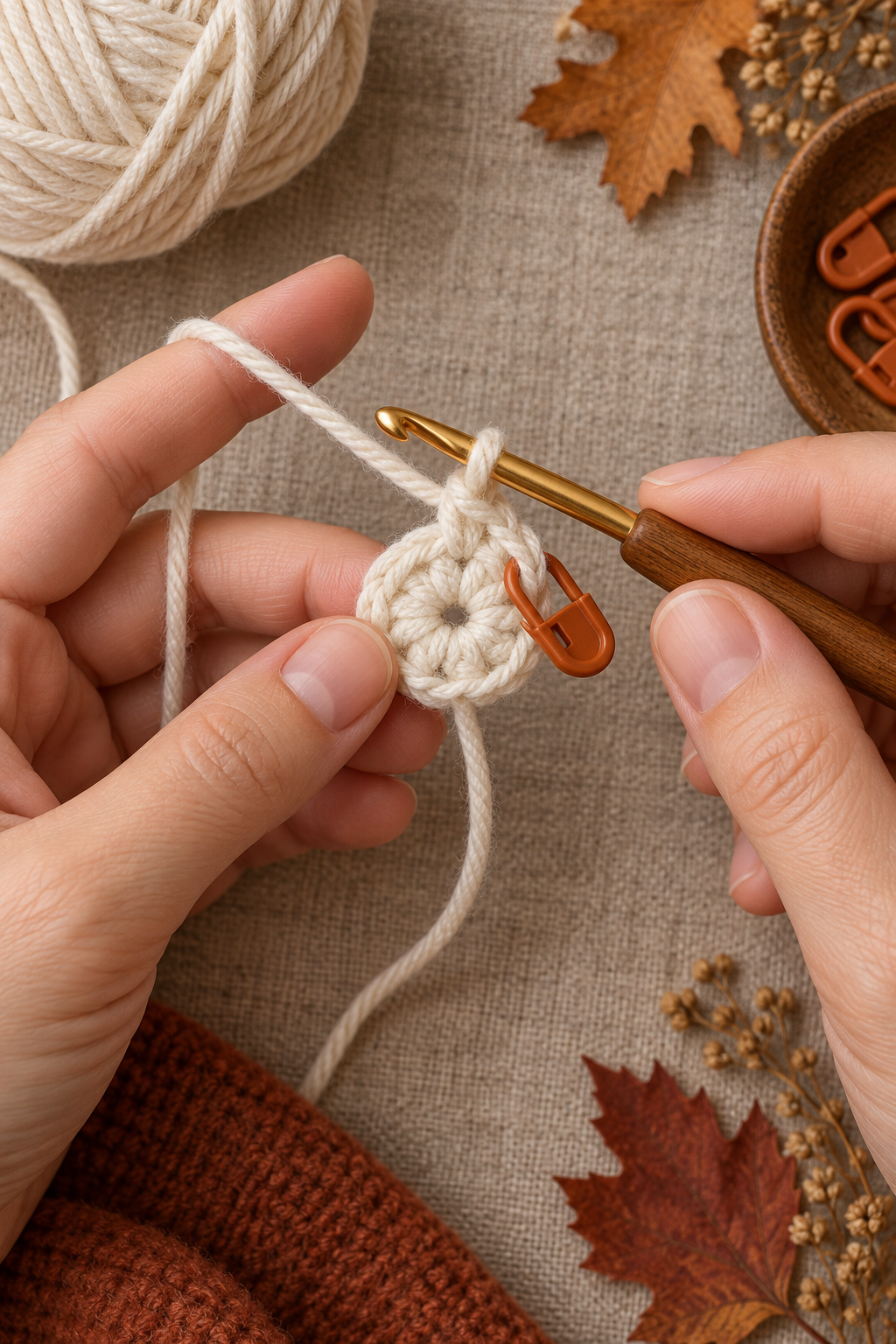 Six compact single crochet stitches in an ivory magic ring with a rust stitch marker