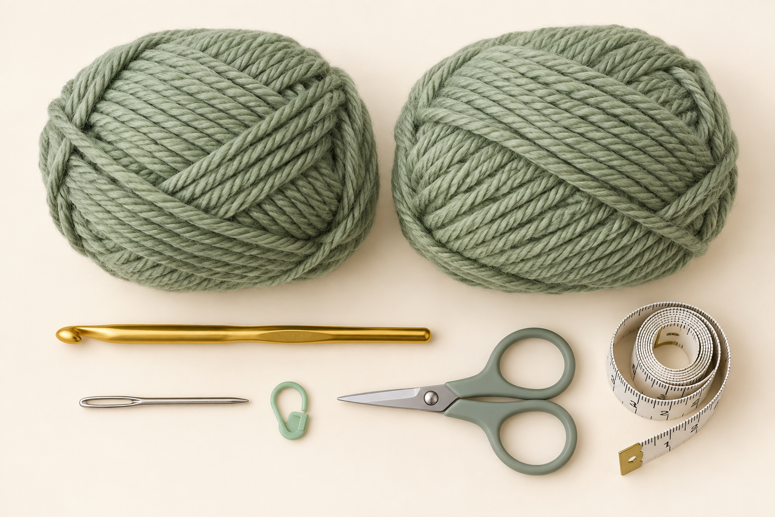 Sage green chunky yarn, gold crochet hook, yarn needle, scissors, stitch marker, and tape measure for an infinity scarf