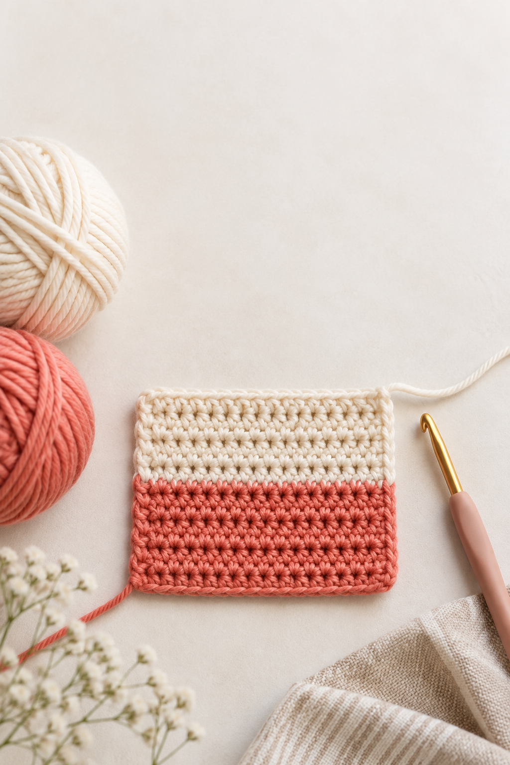 Finished coral and cream crochet swatch with a crisp vertical color change