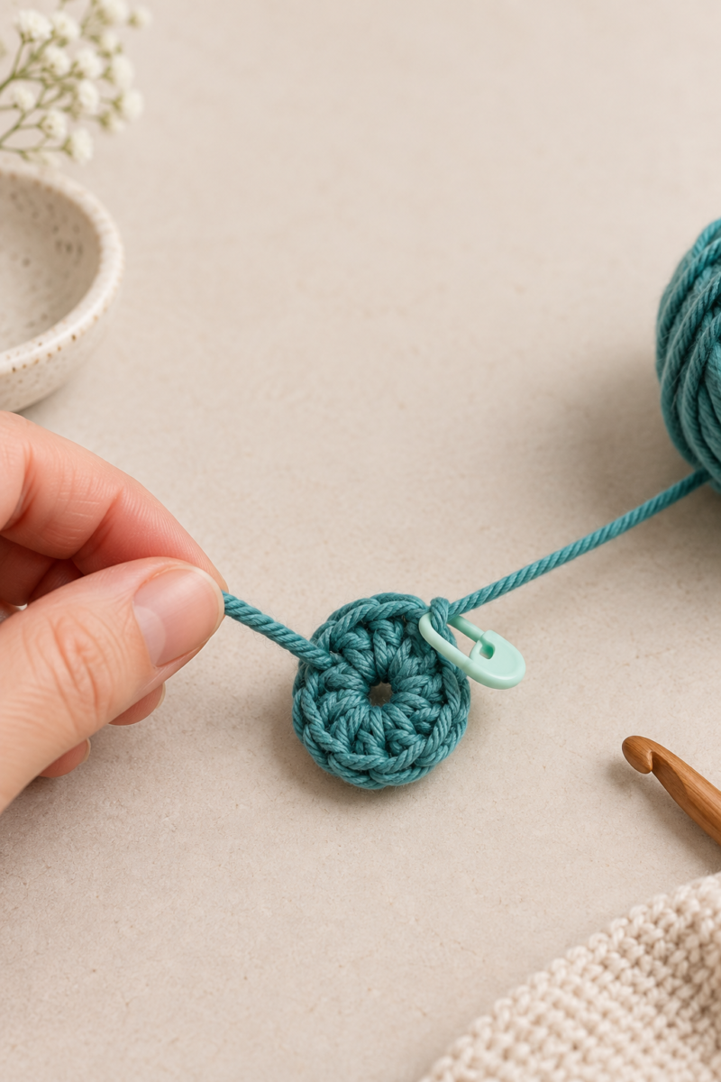 Hand pulling the tail closed on a teal magic ring with six single crochet stitches and a stitch marker