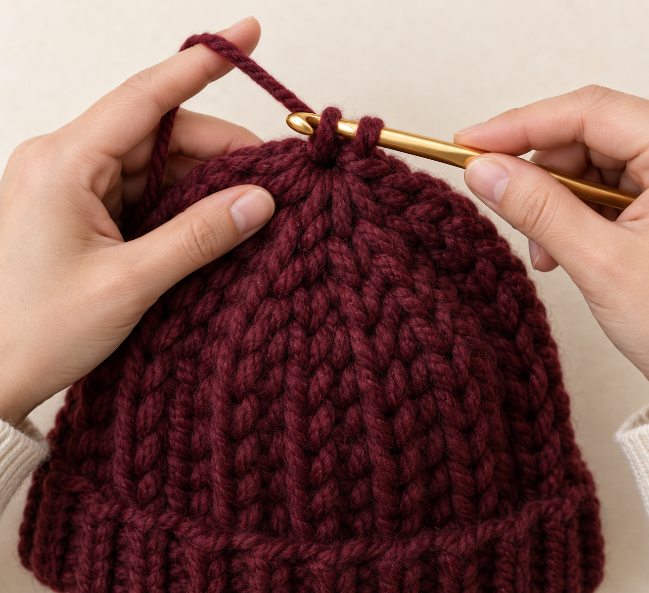 Gold crochet hook shaping the rounded crown of a burgundy crochet winter beanie
