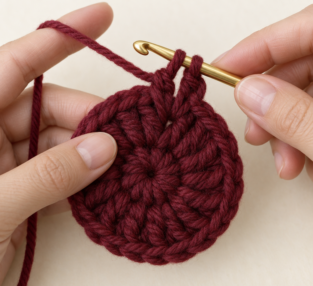 Gold crochet hook working two half double crochet stitches into one stitch on a burgundy crochet crown