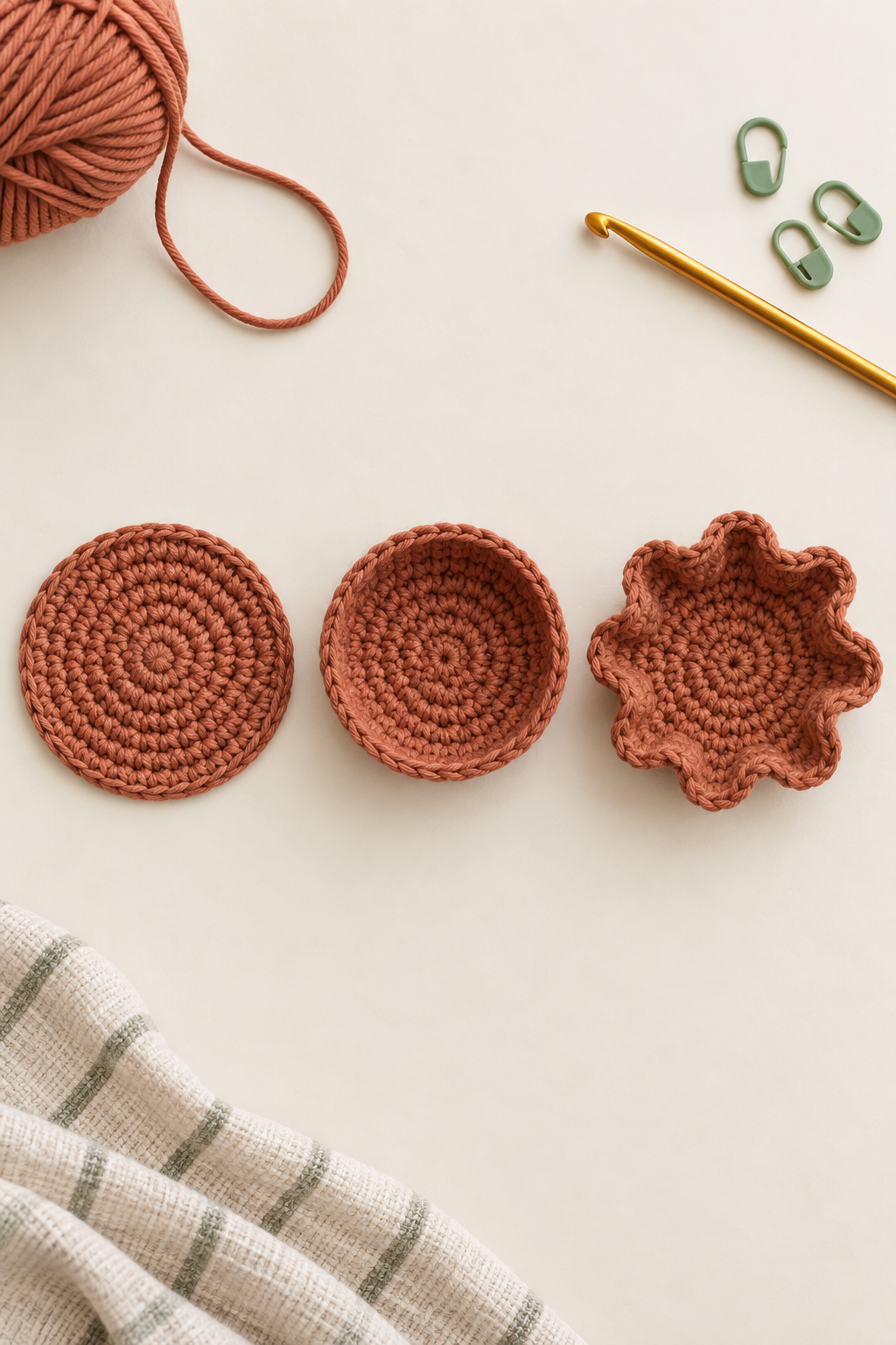 Flat, cupped, and wavy crochet circles showing different increase results