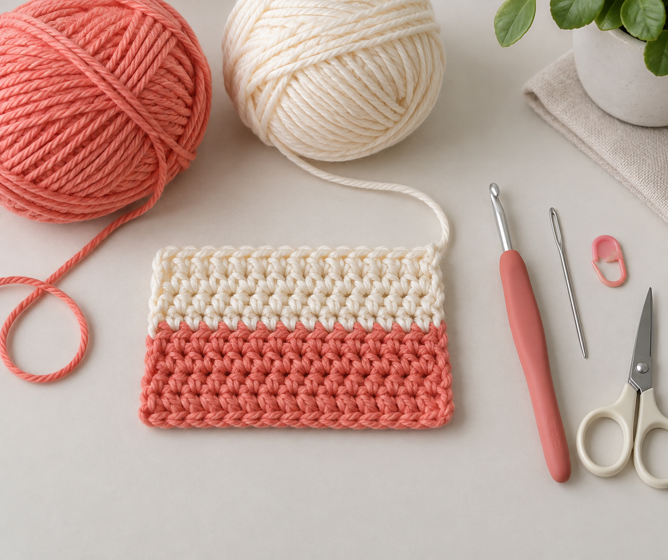 Coral and cream yarn, crochet hook, scissors, yarn needle, and a finished two-color crochet swatch