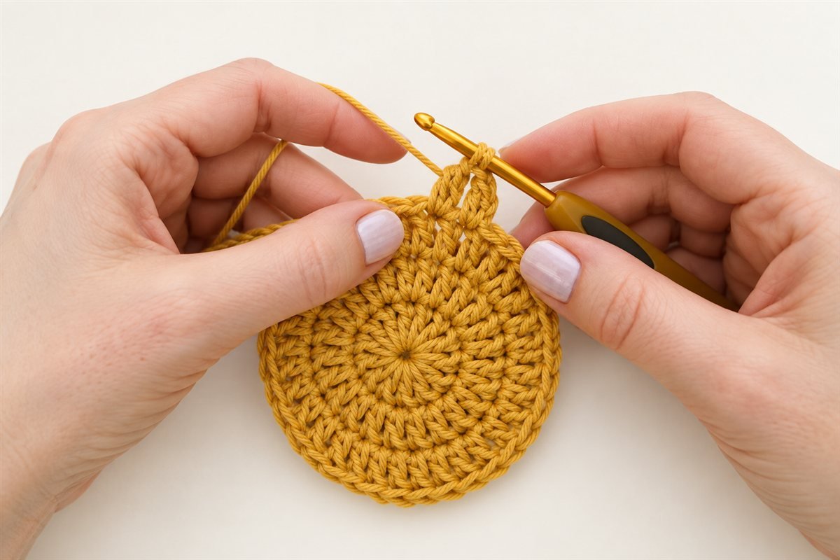 Gold hook working two mustard double crochet stitches into one stitch on a growing circular crown.