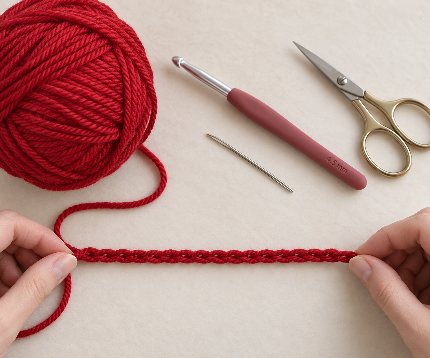 Ruby-red yarn, hook, yarn needle, scissors, and a foundation chain for a crochet gift bow