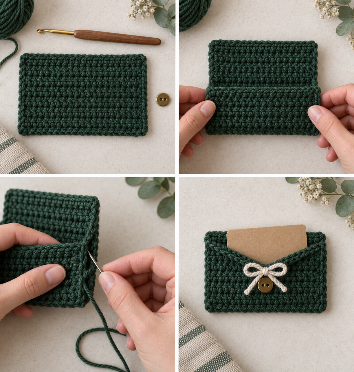 Four original instructional views showing the crochet gift card holder panel, fold, side seaming, and finished envelope