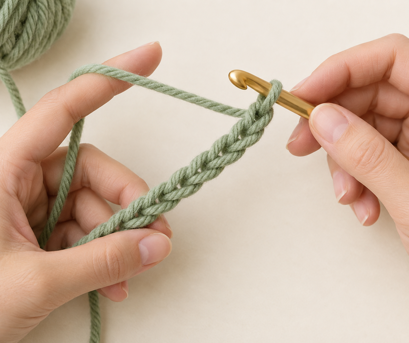 Sage green chunky yarn foundation chain with a gold crochet hook