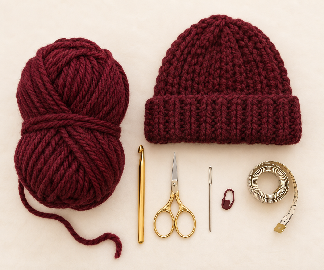 Deep burgundy chunky yarn, gold crochet hook, scissors, yarn needle, stitch marker, and tape measure for a winter beanie