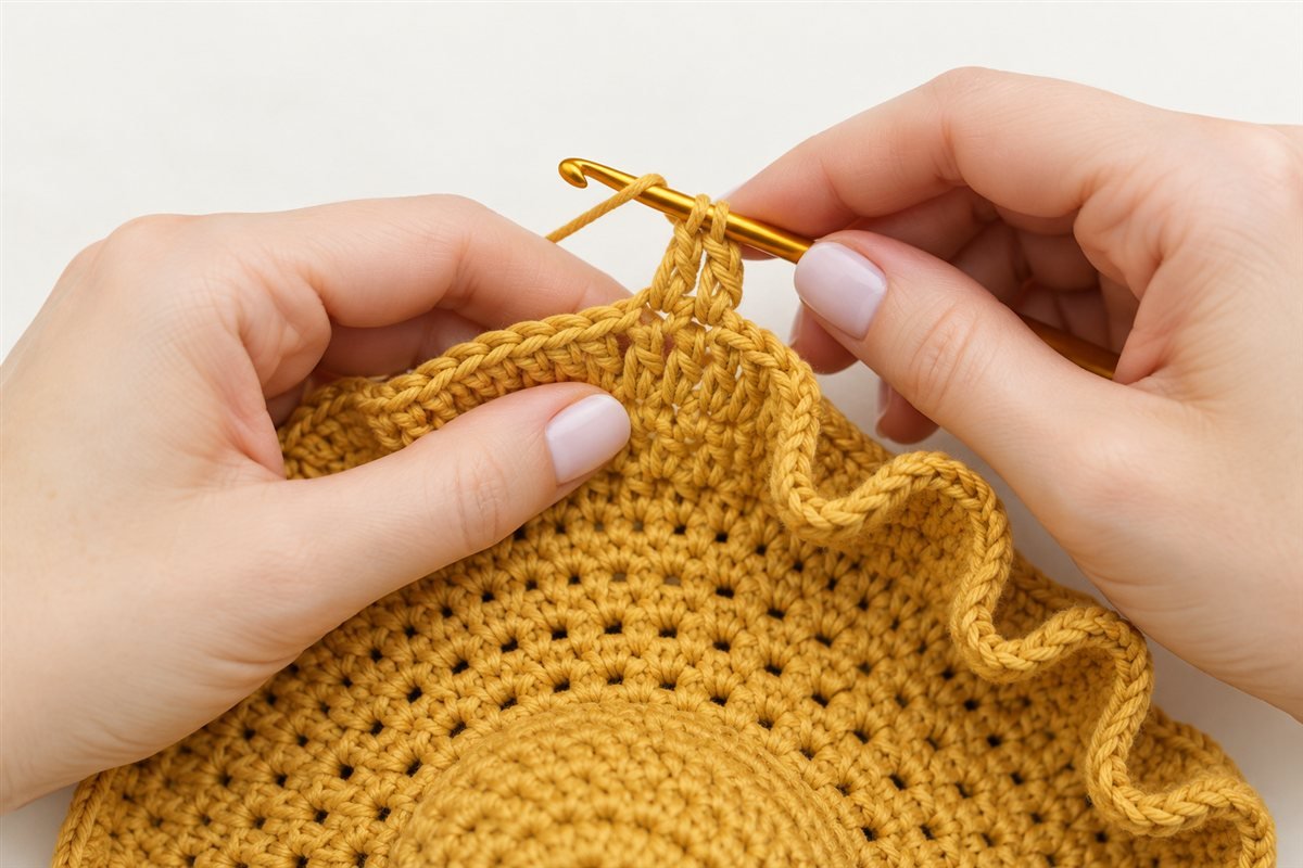 Gold crochet hook increasing at the outer edge of a mustard crocheted ruffled brim.