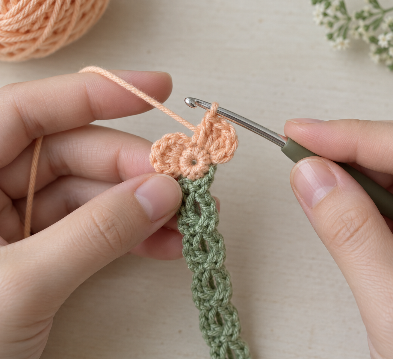 Apricot crochet flower petals being worked at the top of a sage-green bookmark stem