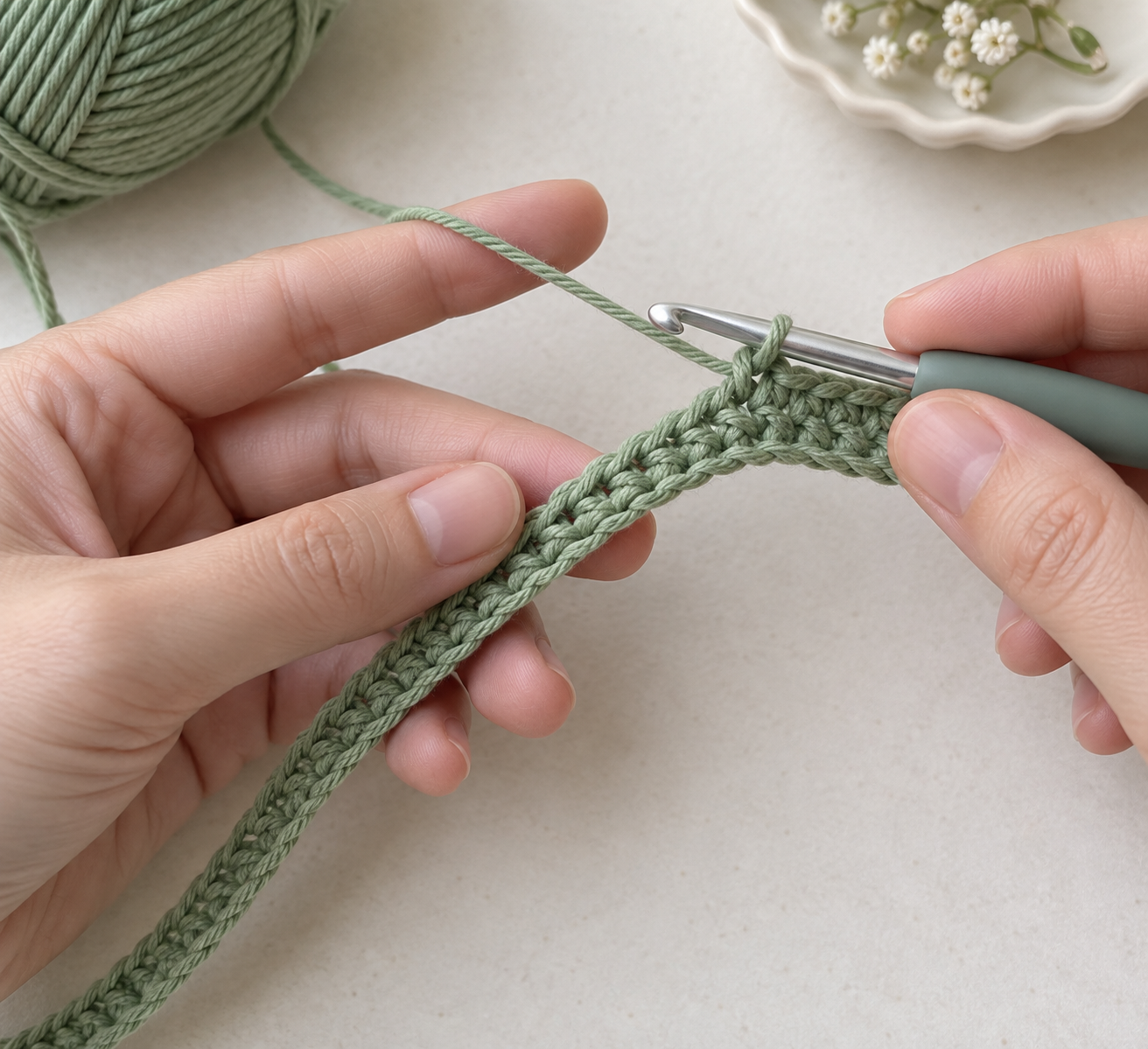 Hands working single crochet into a long sage-green chain to form a flat narrow bookmark stem