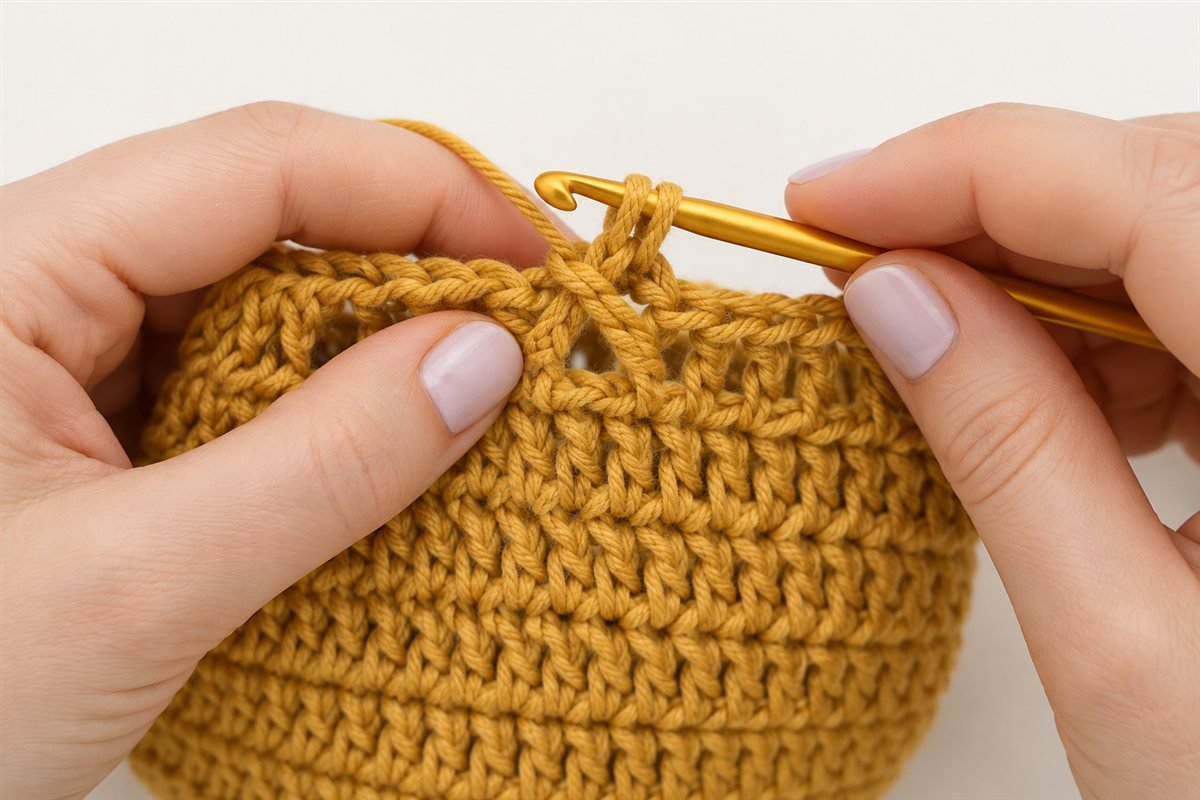 Gold crochet hook working a crossed double crochet on the mustard baby hat body.