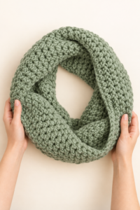 Finished sage green chunky crochet infinity scarf held in a relaxed loop