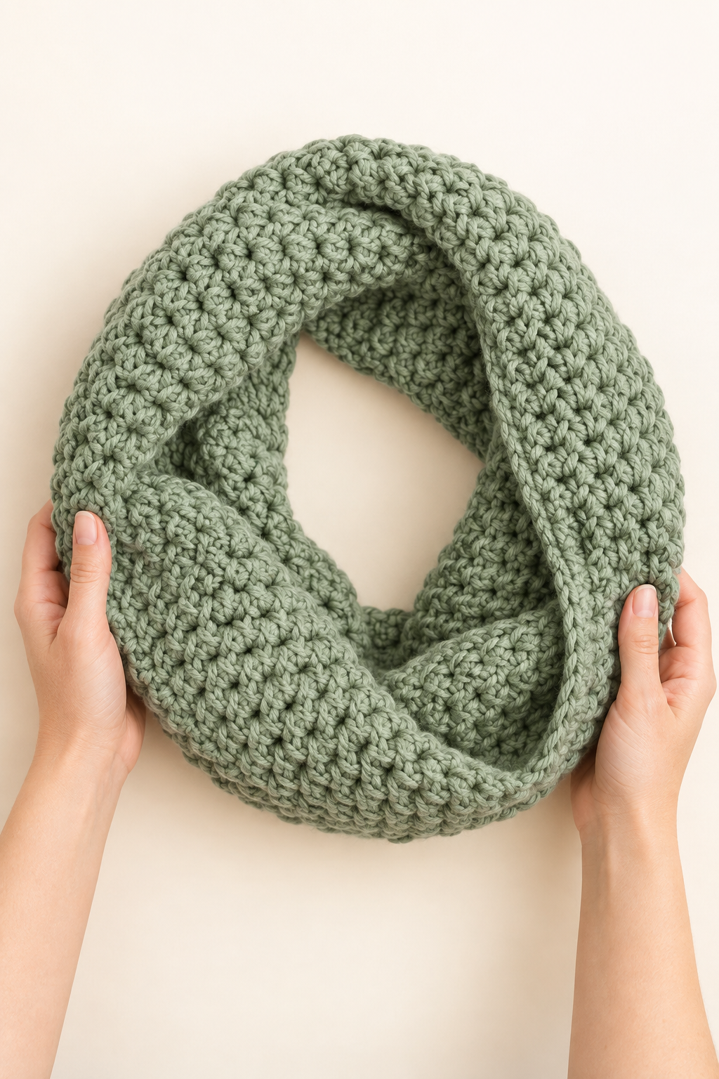 Finished sage green chunky crochet infinity scarf held in a relaxed loop