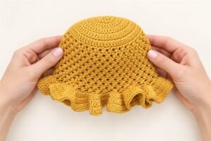 Finished mustard-yellow crocheted baby sun hat with textured body and softly ruffled brim