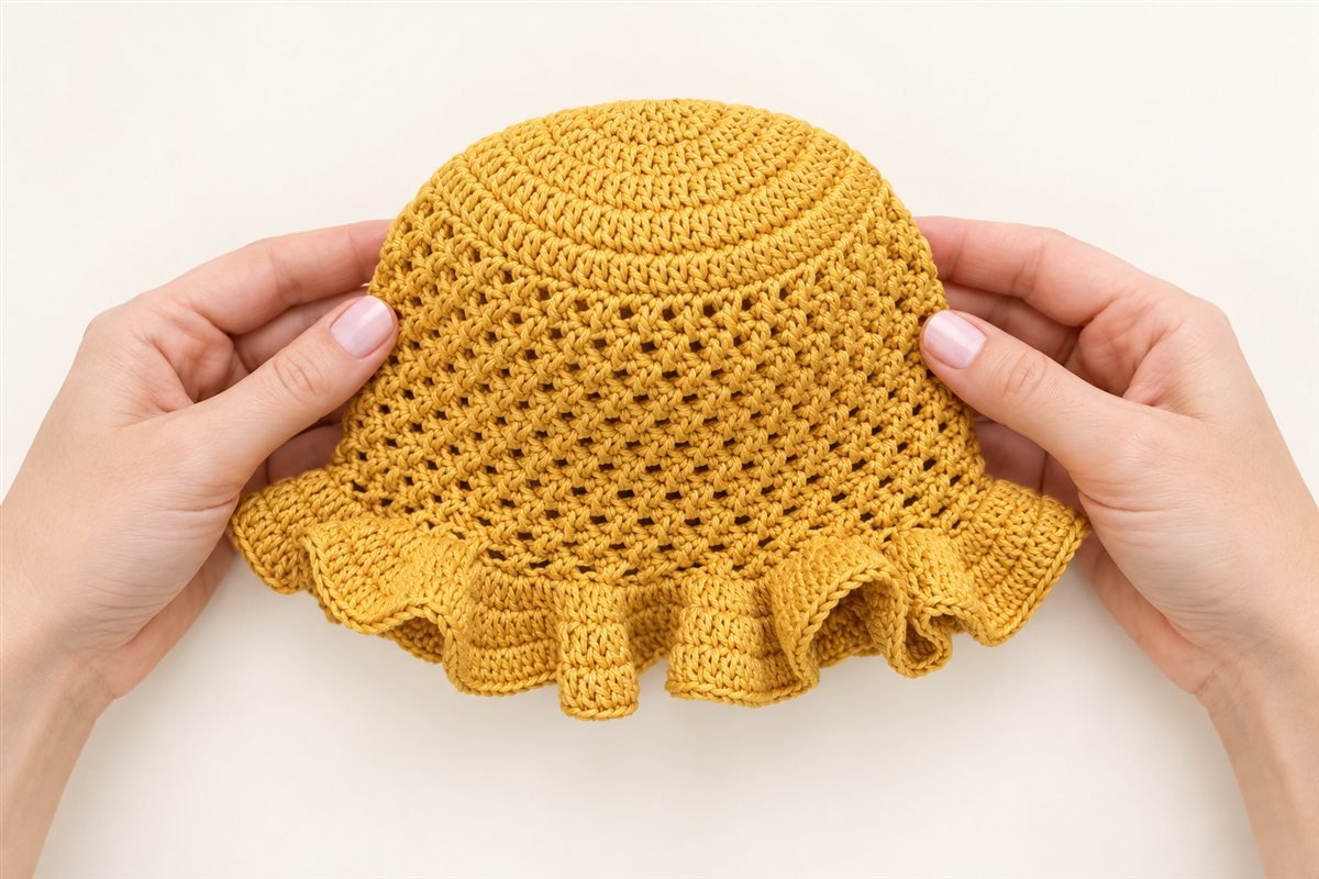 Finished mustard-yellow crocheted baby sun hat with textured body and softly ruffled brim.