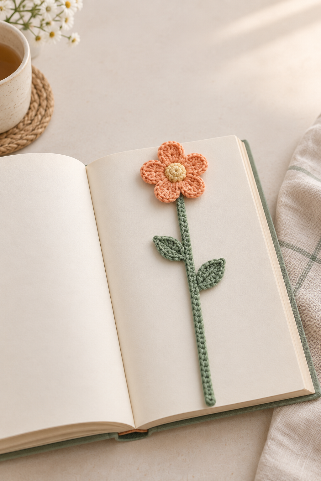Finished apricot flower and sage-green crochet bookmark resting inside an open book