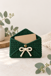 Finished evergreen crochet envelope-style gift card holder with a brass button and cream yarn bow