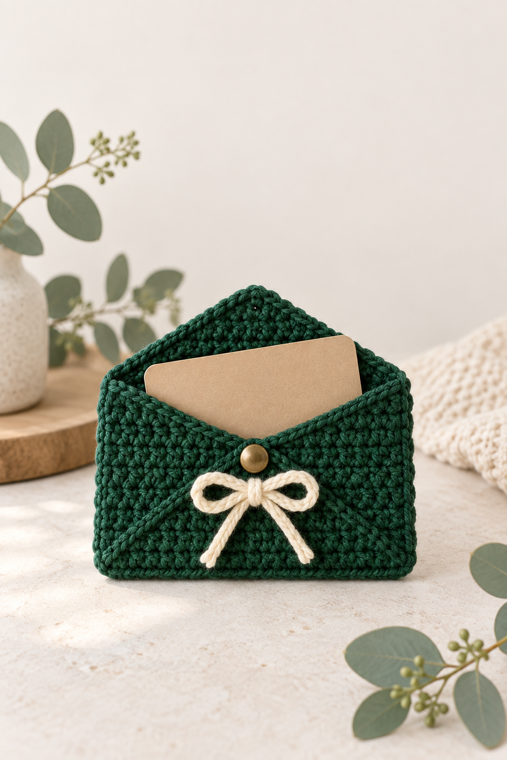 Evergreen crochet envelope-style gift card holder with a brass button and cream yarn bow