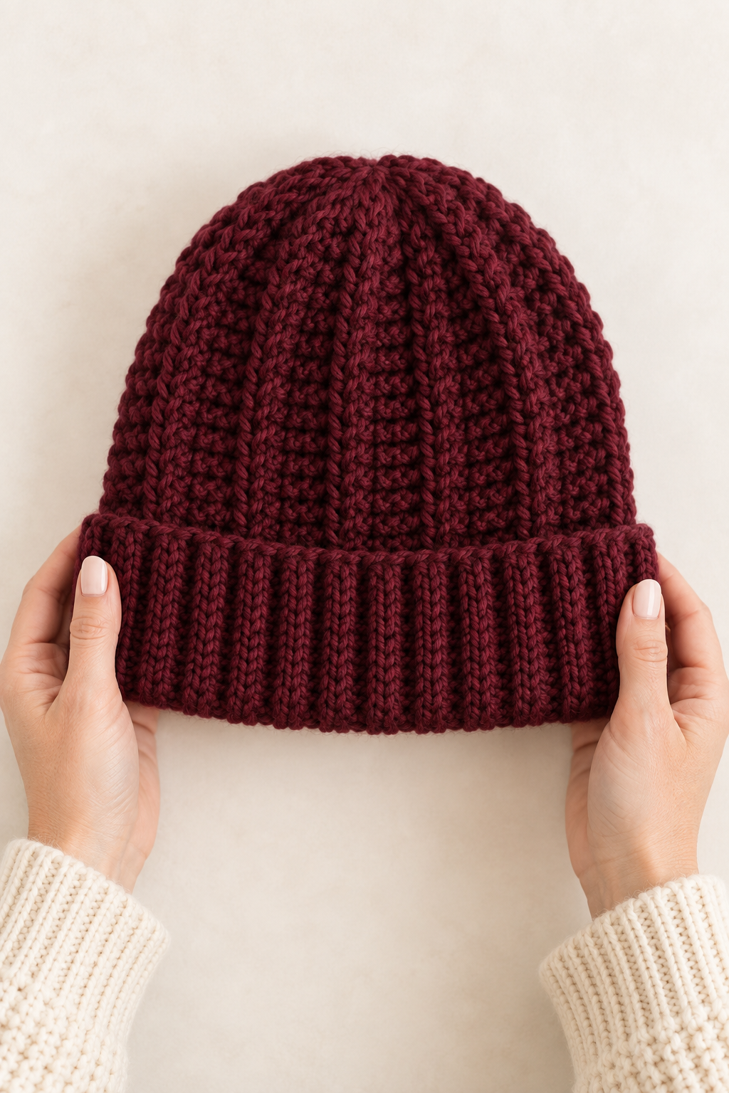 Finished deep burgundy crochet women’s winter beanie with a folded ribbed brim