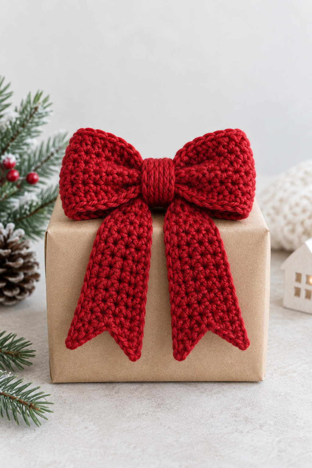 Finished ruby-red crochet bow with tails on top of a kraft-paper wrapped present