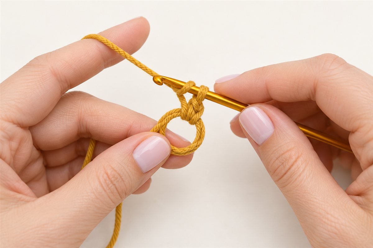 Gold crochet hook drawing mustard yarn through an open magic ring.