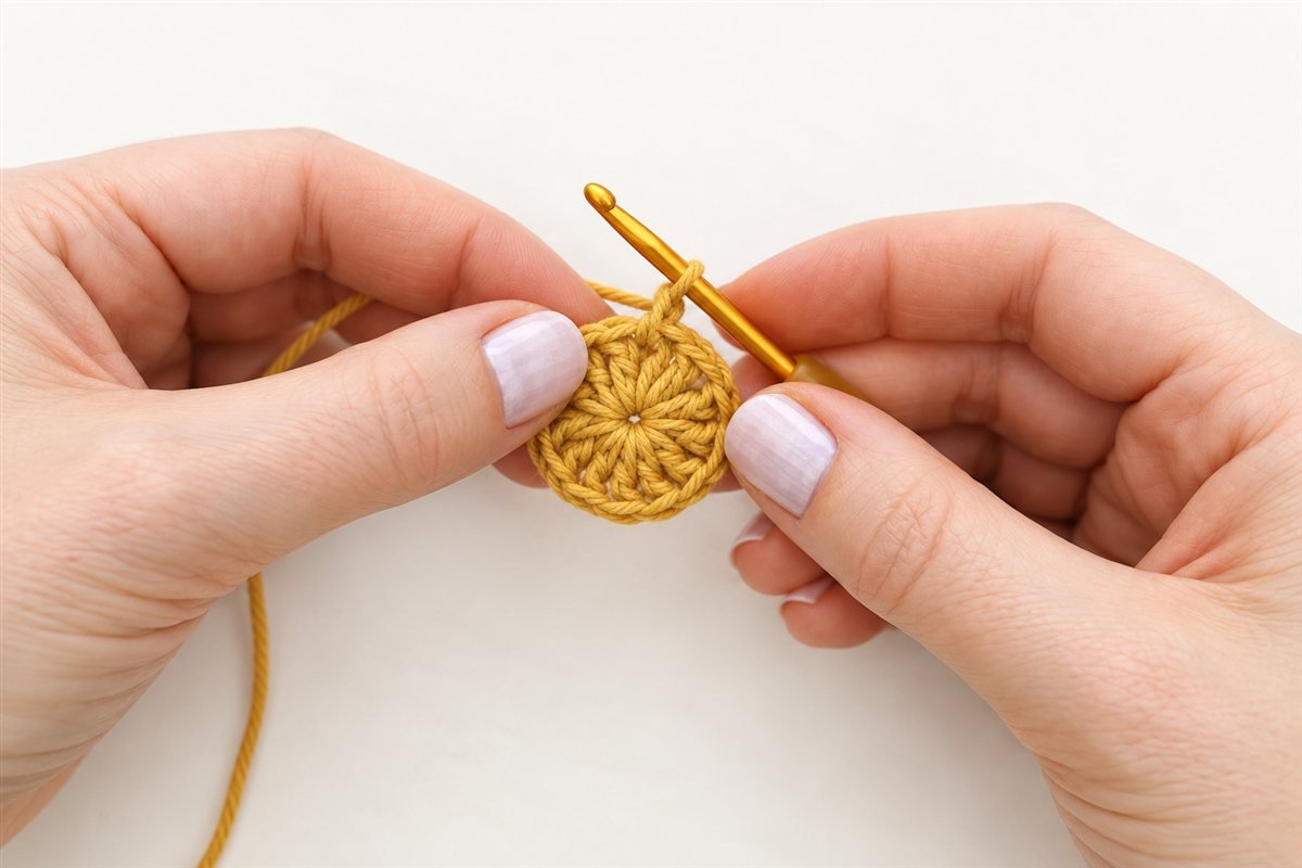 Small flat crochet circle with twelve mustard double crochet stitches and a gold hook at the joining point.