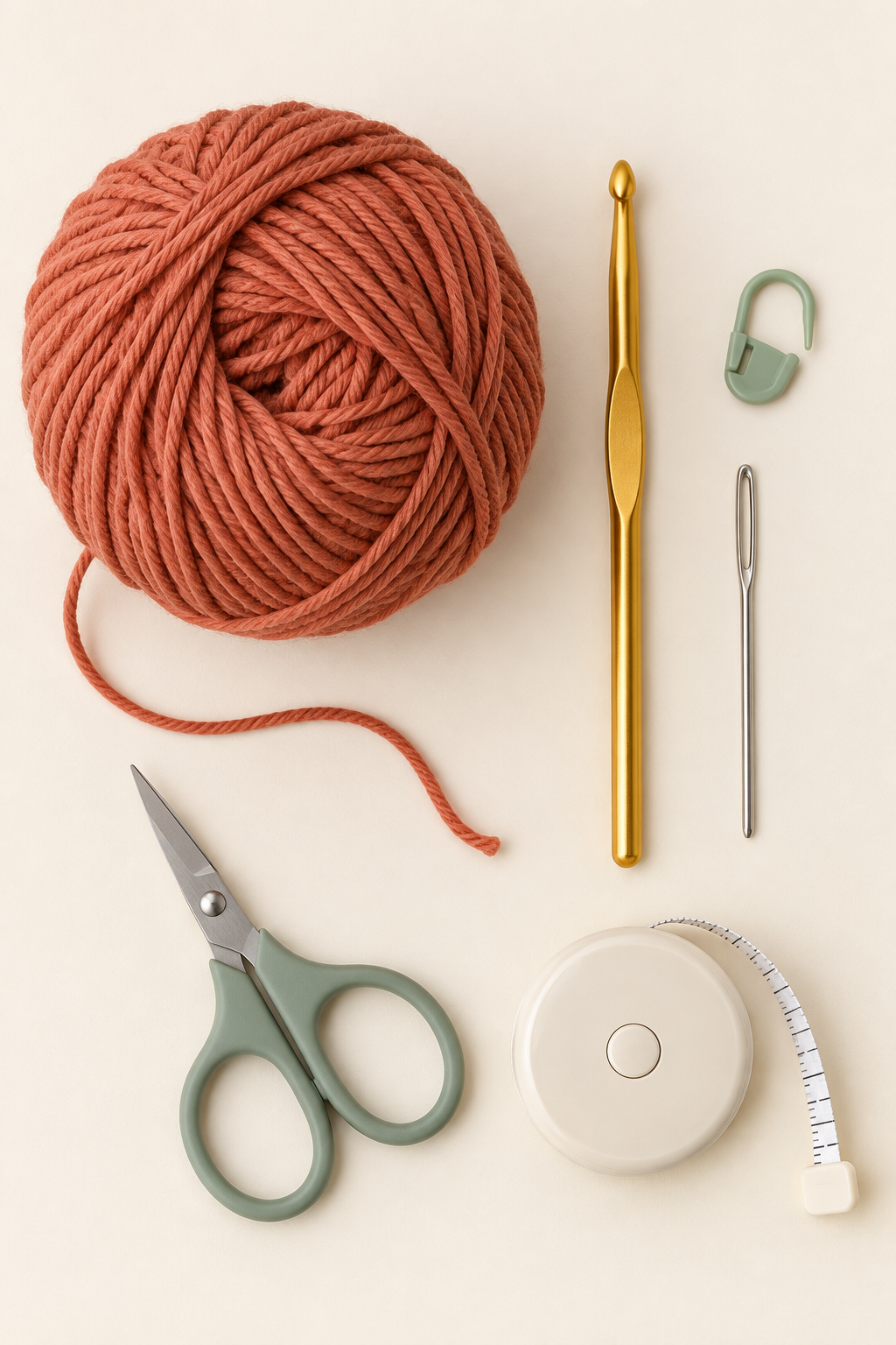 Terracotta yarn, crochet hook, stitch marker, needle, scissors, and tape measure