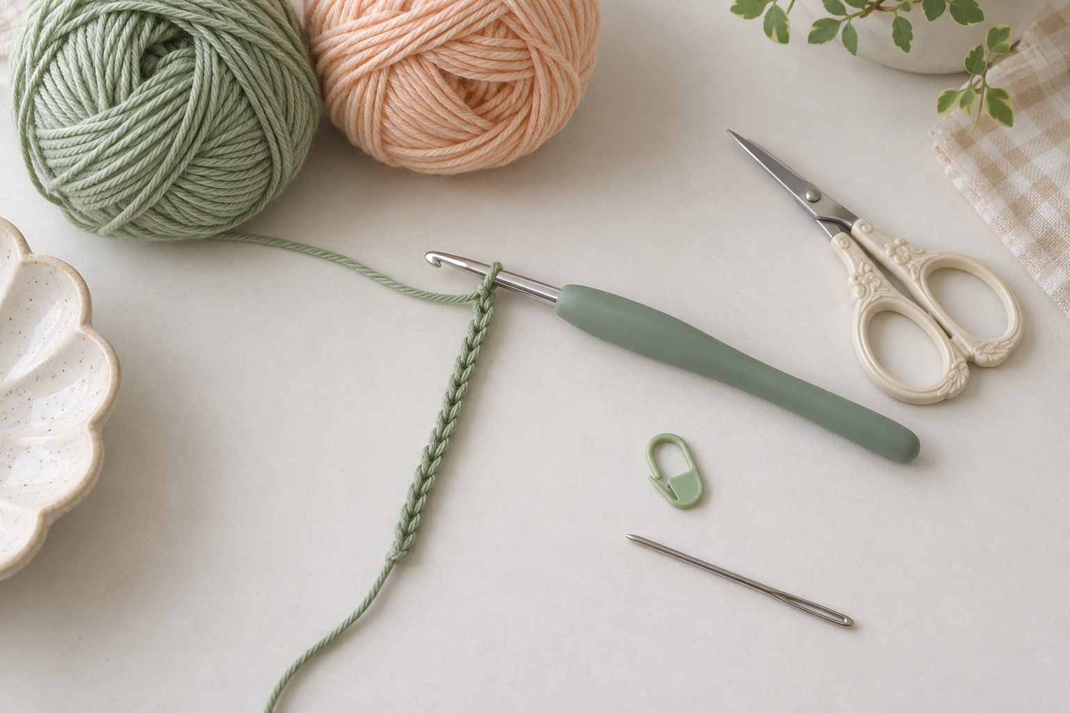 Sage-green and apricot yarn with a hook, needle, scissors, marker, and beginning chain for a flower bookmark