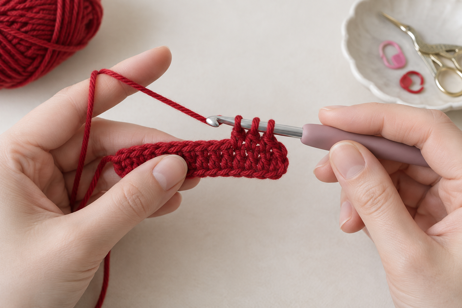 Hands making half double crochet stitches into a ruby-red foundation chain