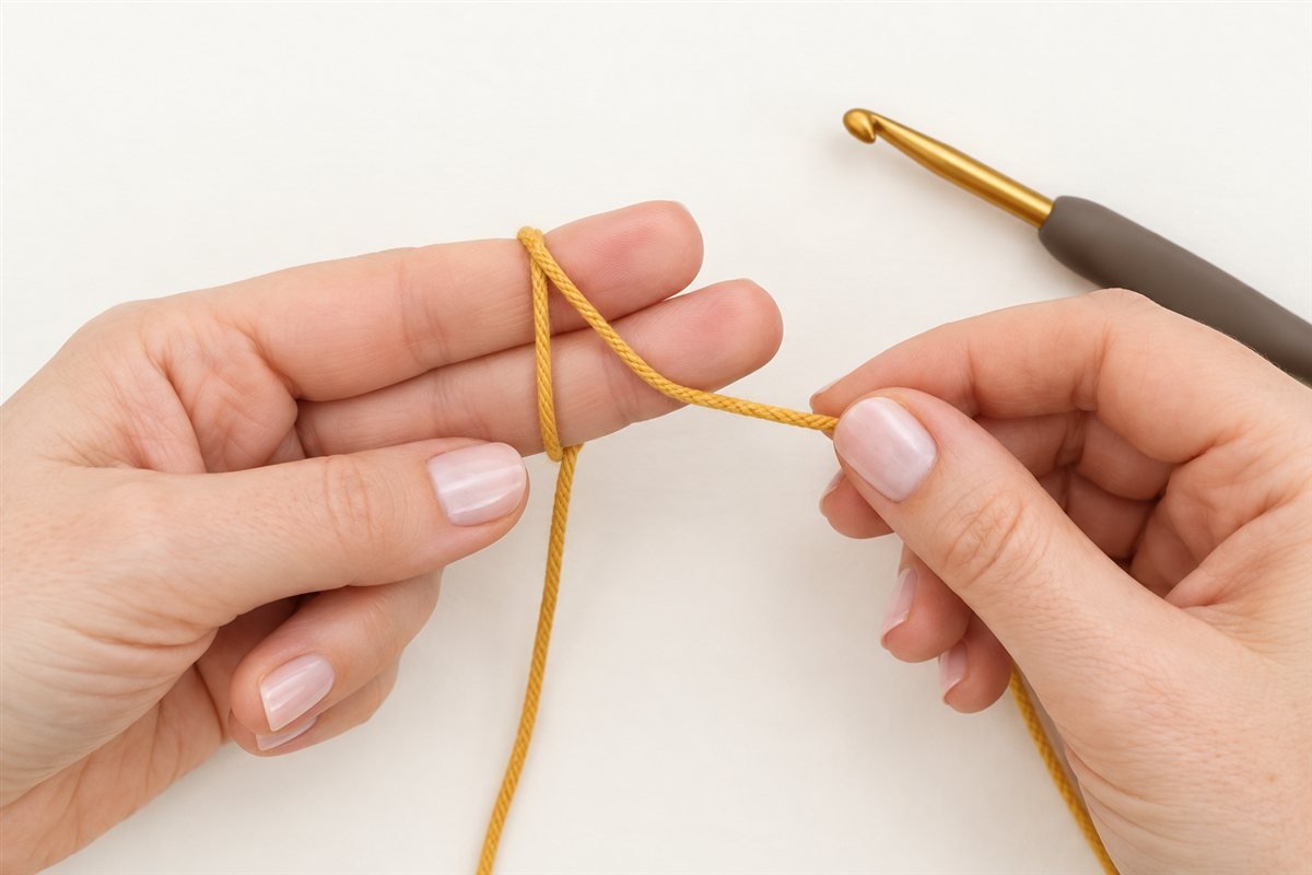 Mustard cotton yarn crossed around two fingers to form a crochet magic ring.
