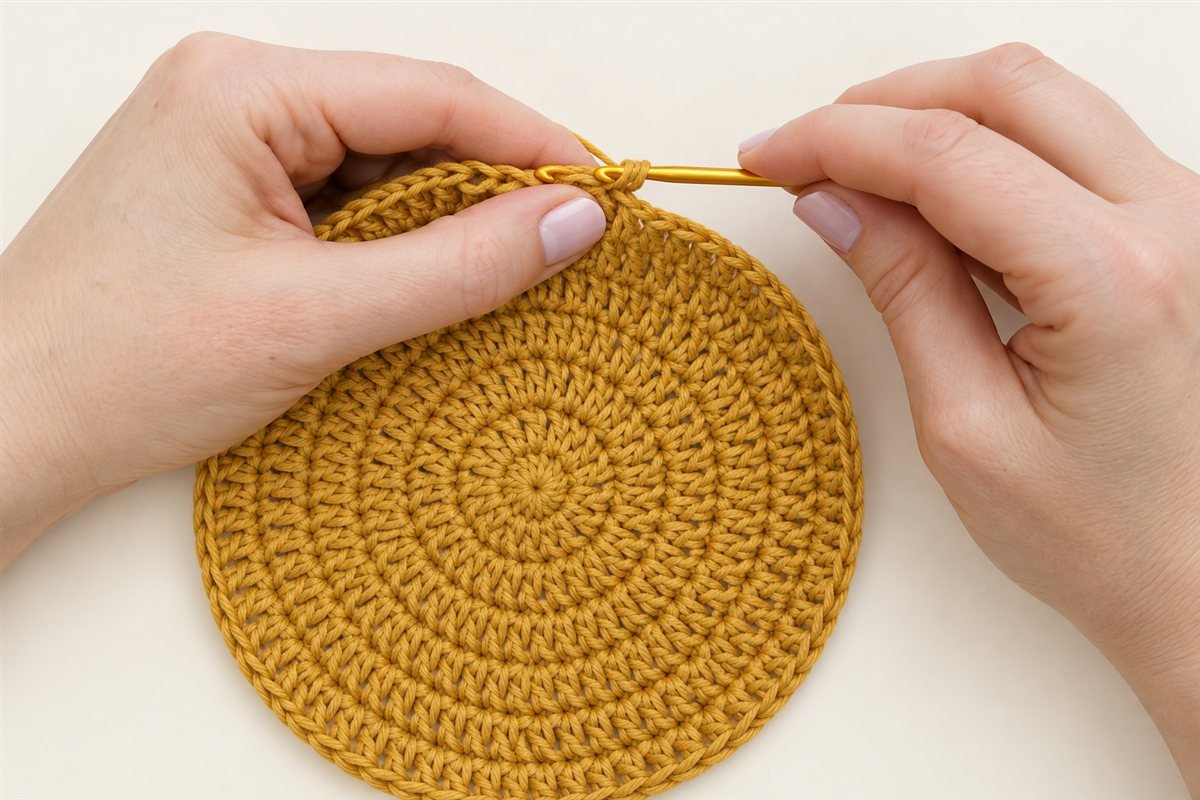 Gold crochet hook joining a flat mustard crochet crown at the end of a round.