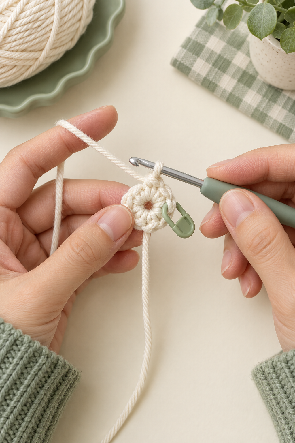 Six single crochet stitches worked into a magic ring with a stitch marker