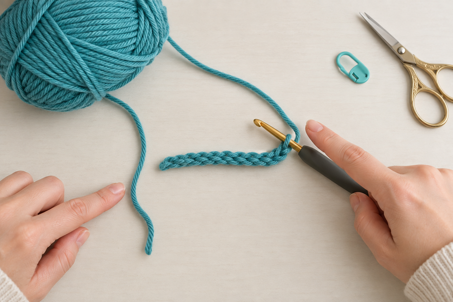 Teal yarn with a visible short tail and working yarn beside a hook, marker, and scissors