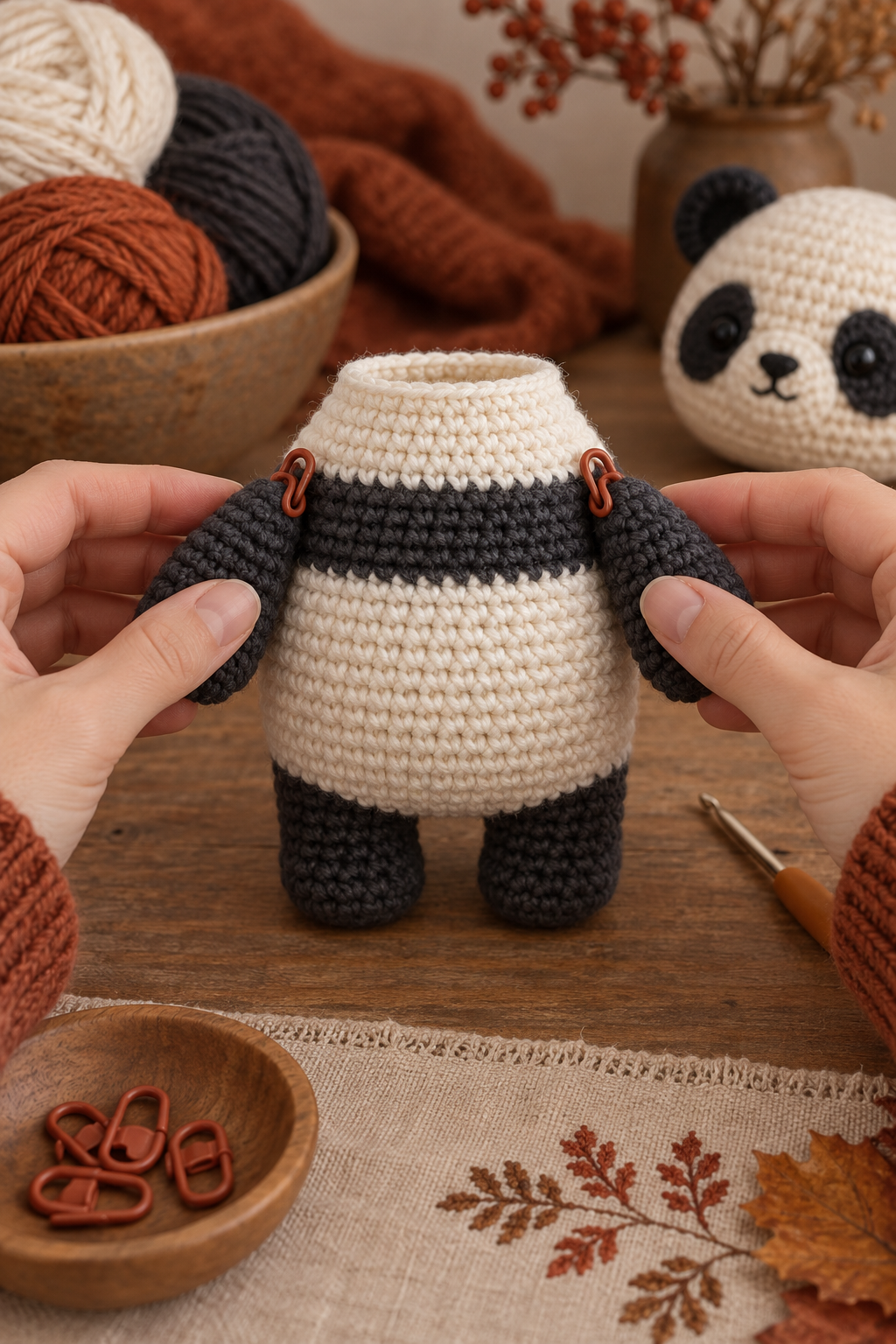 Two charcoal crochet arms pinned symmetrically to an amigurumi panda body