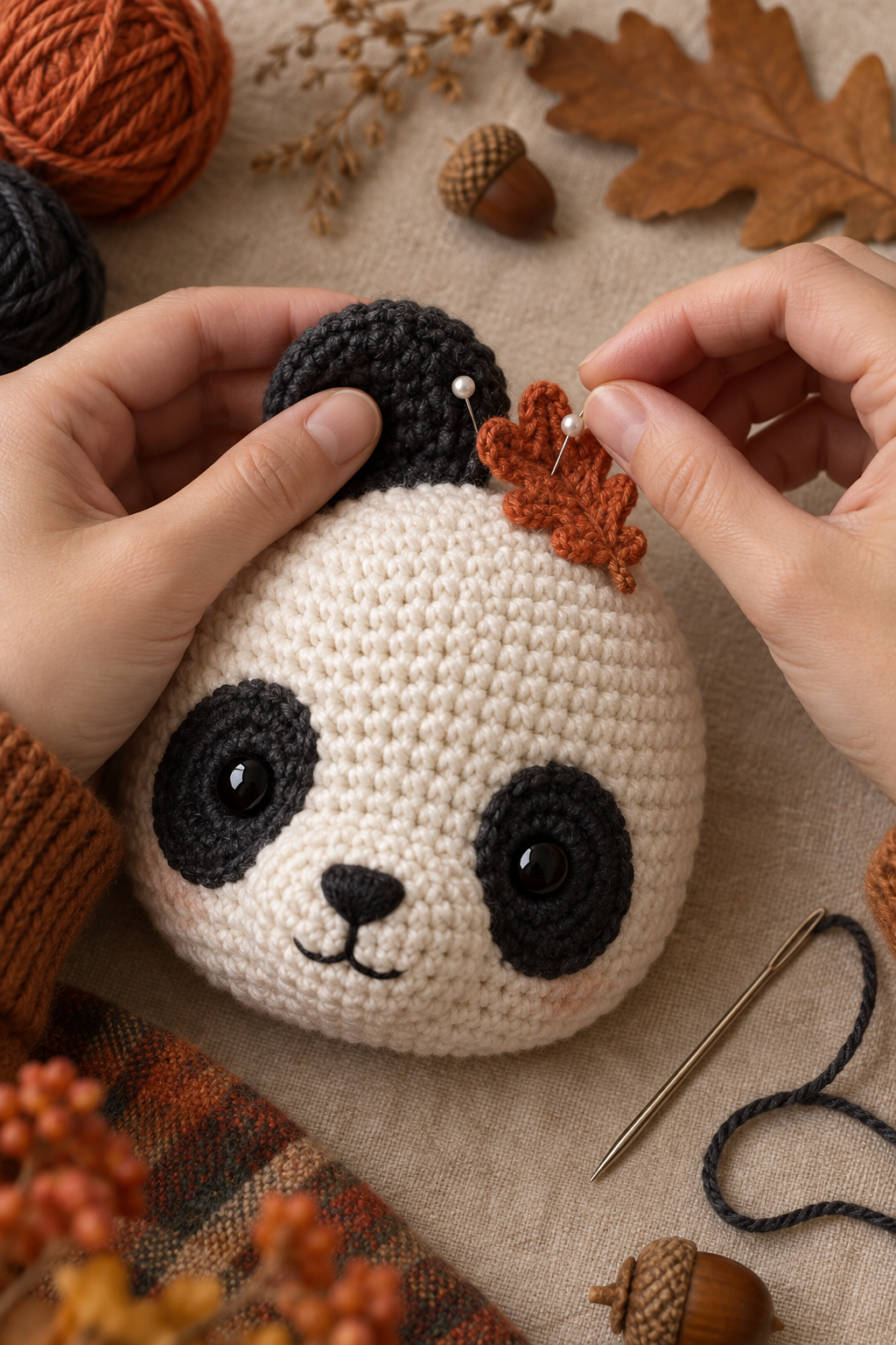 Pinning a charcoal crochet ear and rust orange leaf accent on an ivory panda head