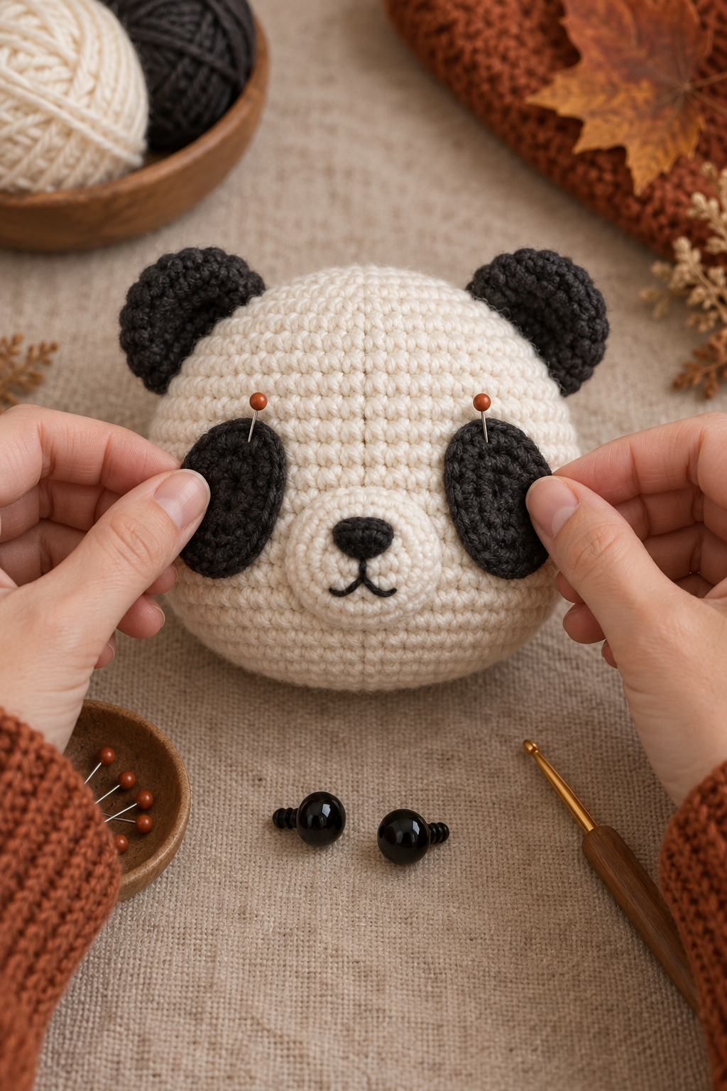 Two charcoal crochet eye patches pinned symmetrically on an ivory panda head
