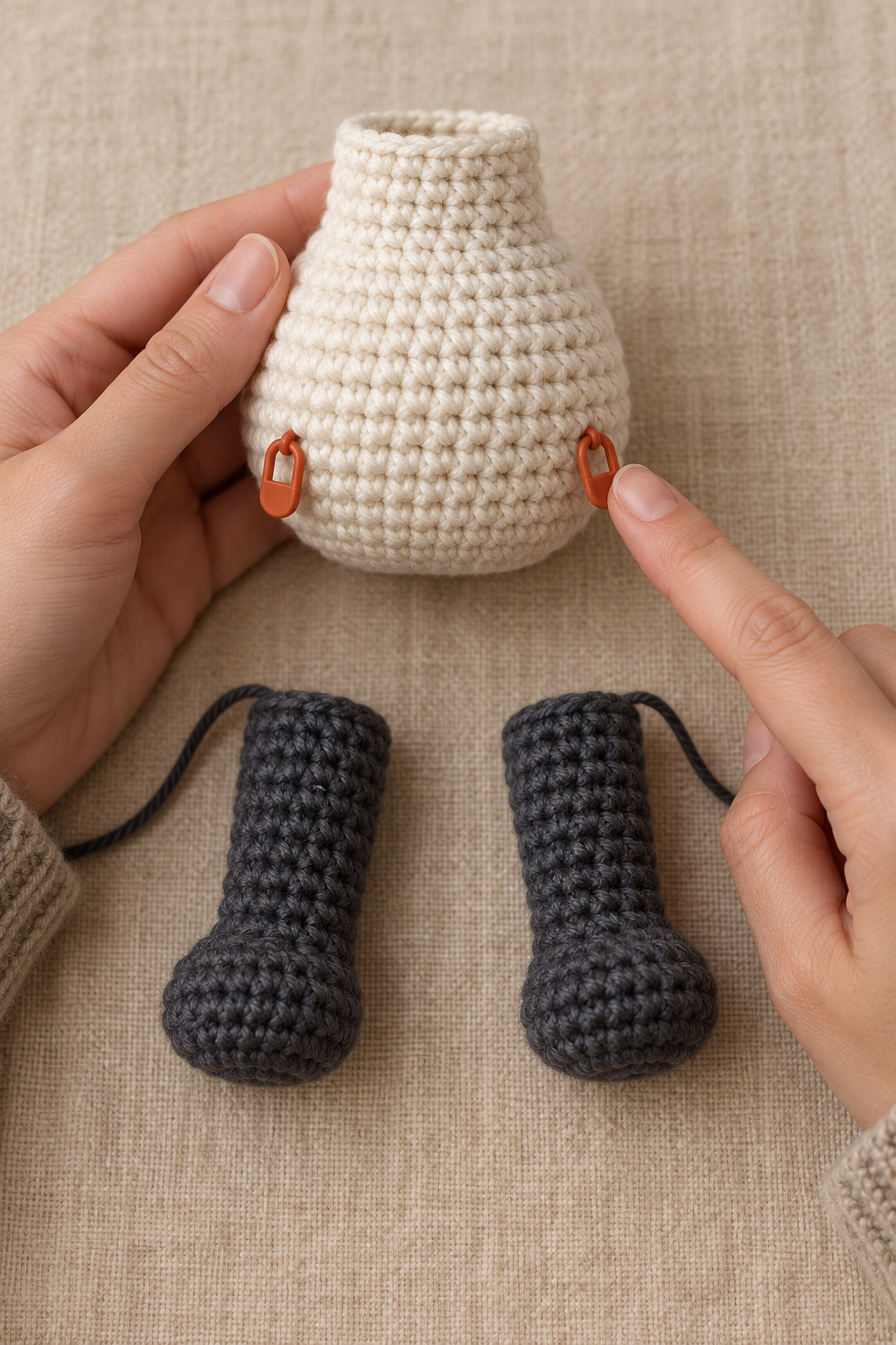 Stitch markers showing symmetric placement points for crochet panda legs on the body