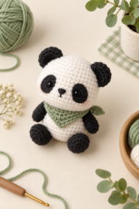 Finished original Pocket Meadow Panda amigurumi with a sage green neckerchief