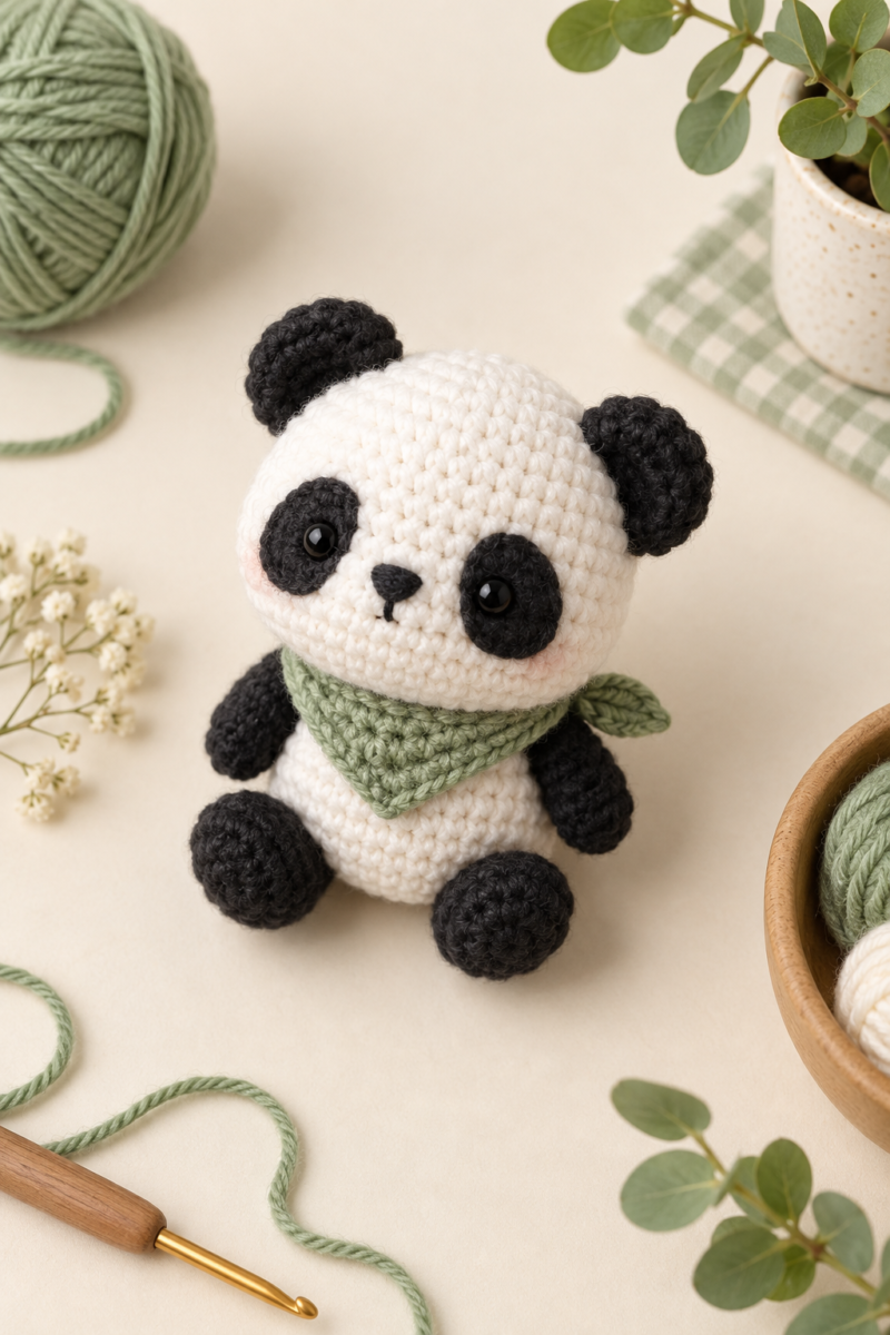 Finished original Pocket Meadow Panda amigurumi with a sage green neckerchief