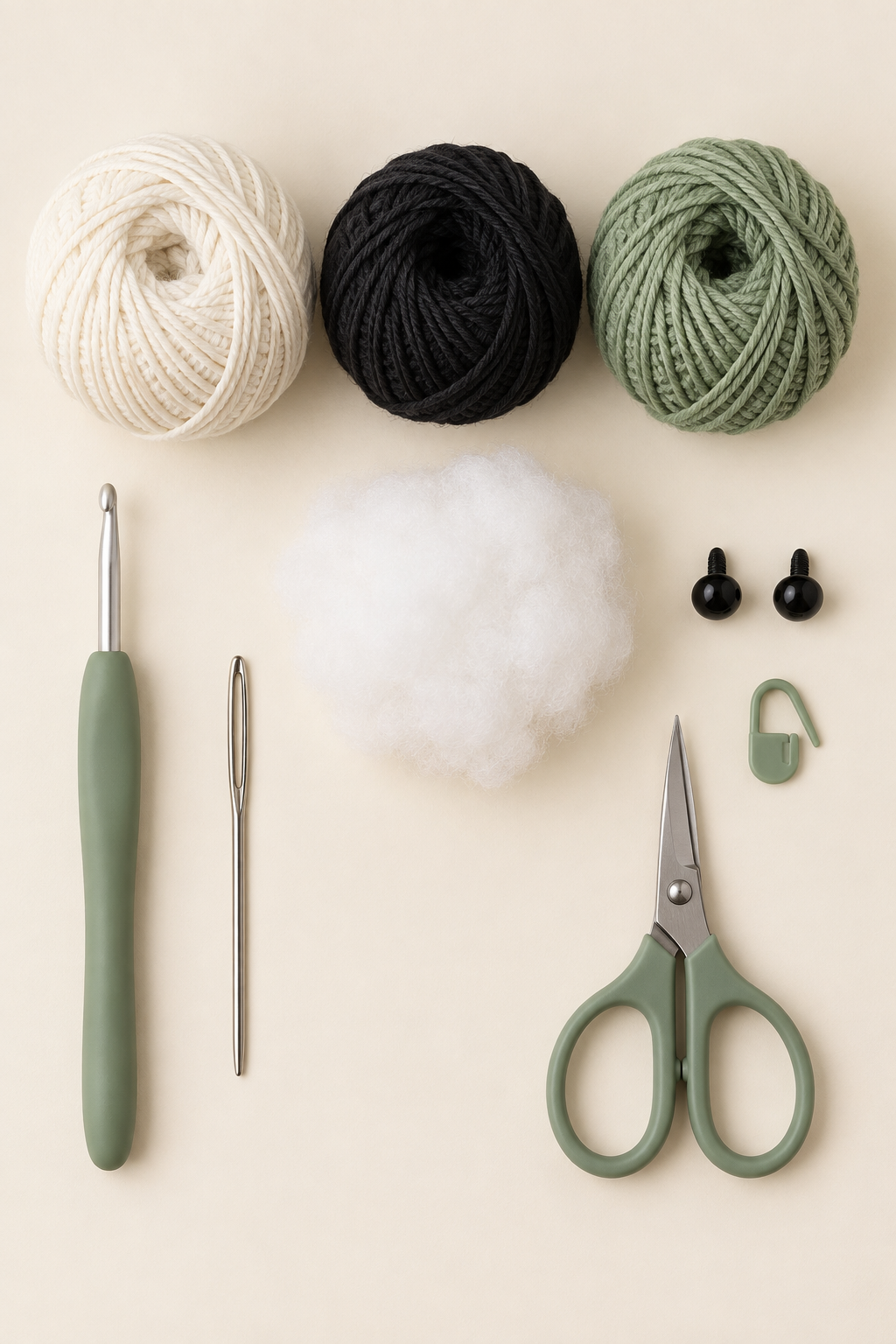 Materials for the original Pocket Panda amigurumi tutorial: cotton yarn, hook, stuffing, eyes, needle, marker, and scissors