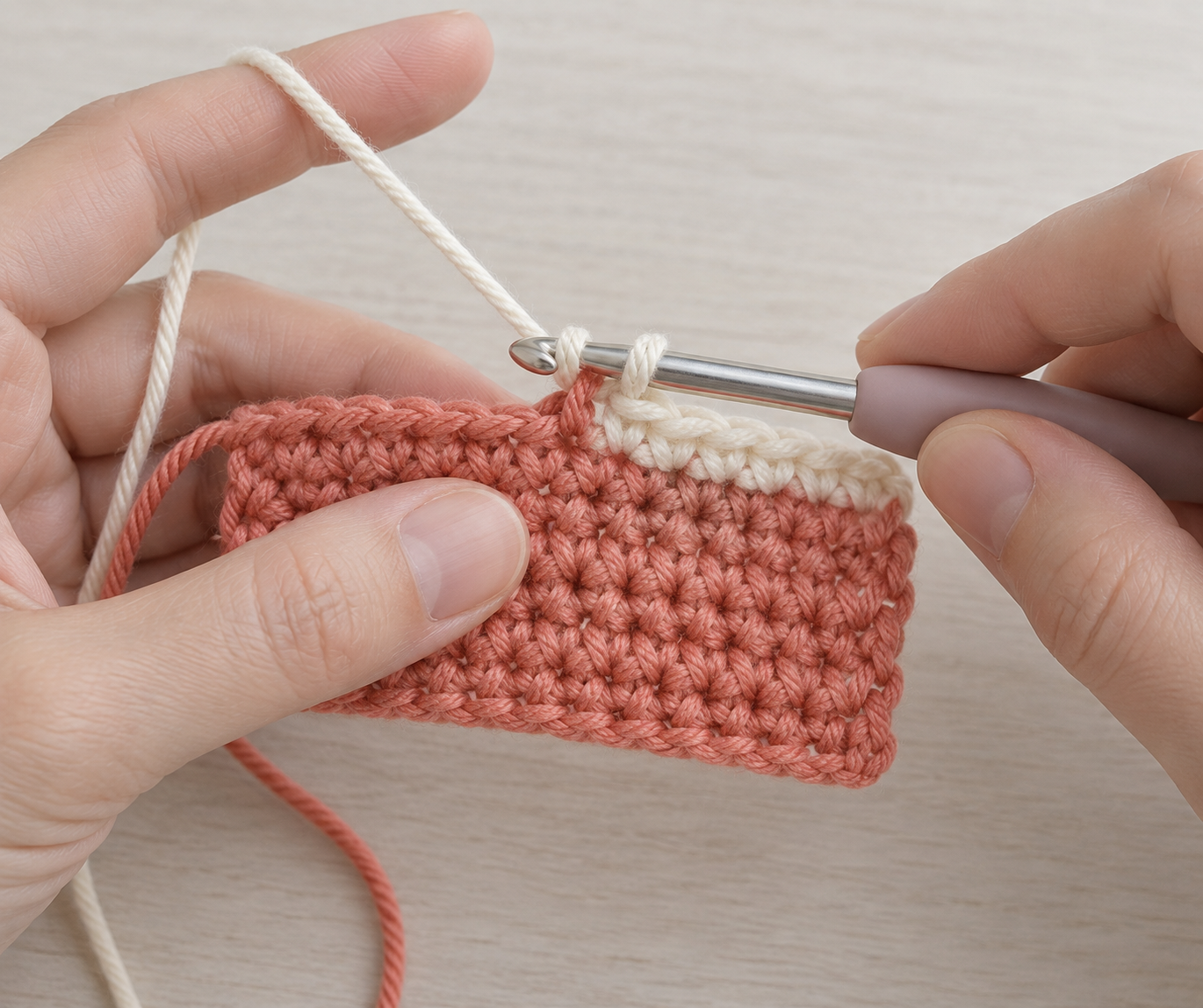 Cream yarn pulled through the final two coral loops to create a neat crochet color change