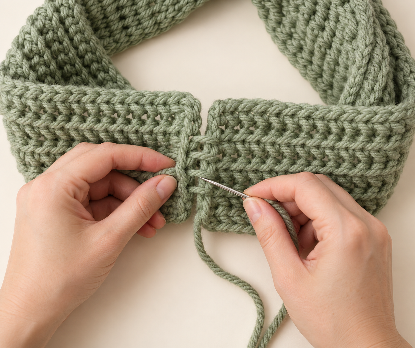 Blunt yarn needle seaming the short ends of a sage green chunky crochet scarf into a loop