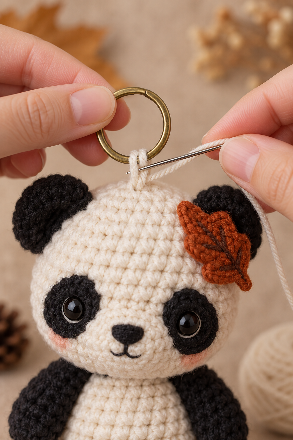Sewing a strong yarn loop through a brass keyring at the top of a crochet panda head