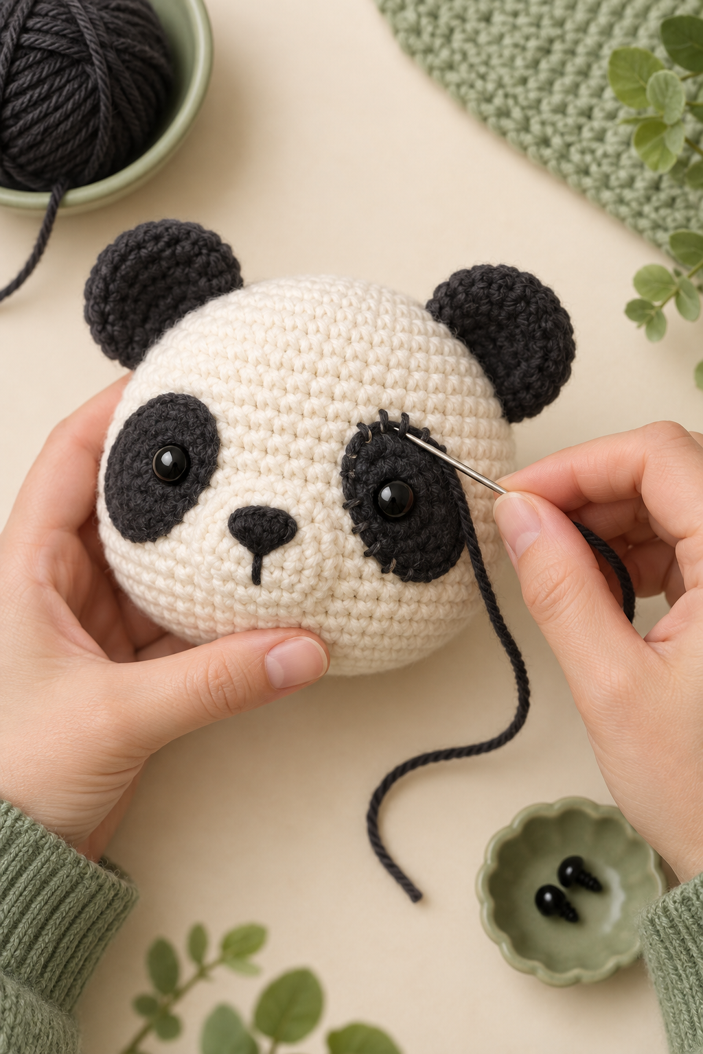 Sewing a charcoal crochet eye patch onto an ivory amigurumi panda head
