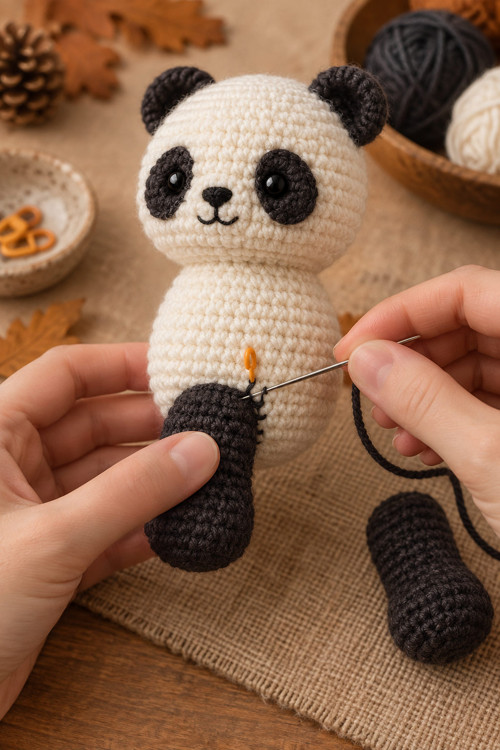 Sewing a charcoal crochet panda leg securely to its marked body position